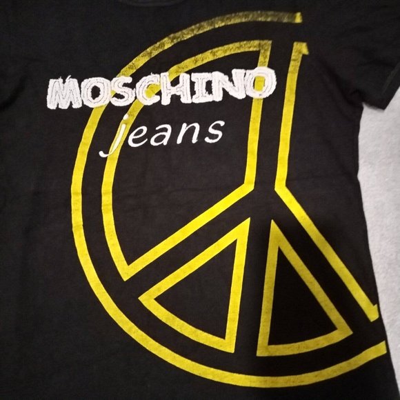 Vintage Moschino Jeans T Shirt Womens L Black Peace Embroidered Logo Graphic Top - Picture 2 of 14
